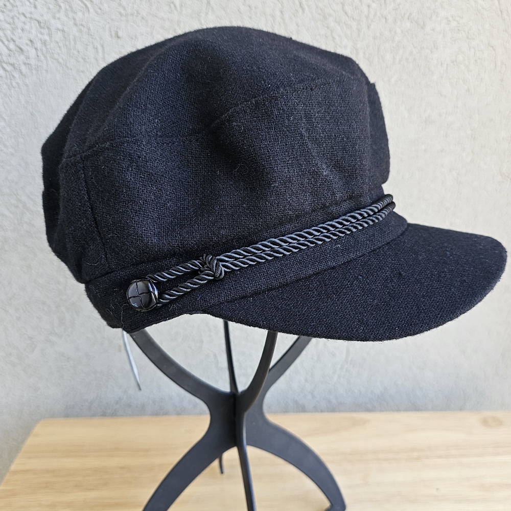 Women's Black Wool Blend Braided Cadet Cabbie Hat